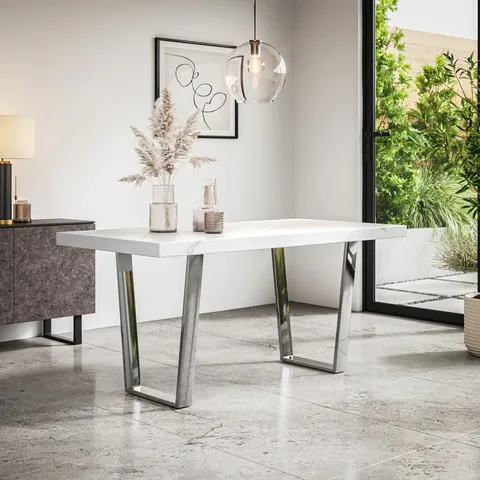 BOXED ARIA DINING TABLE - WHITE MARBLE EFFECT TOP/CHROME LEGS (2 BOXES)
