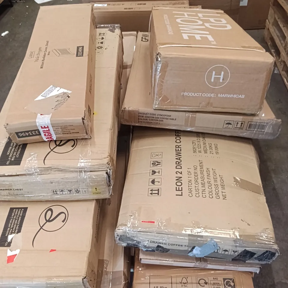 PALLET OF ASSORTED FURNITURE GOODS, RADIATOR COVER, COFFEE TABLE