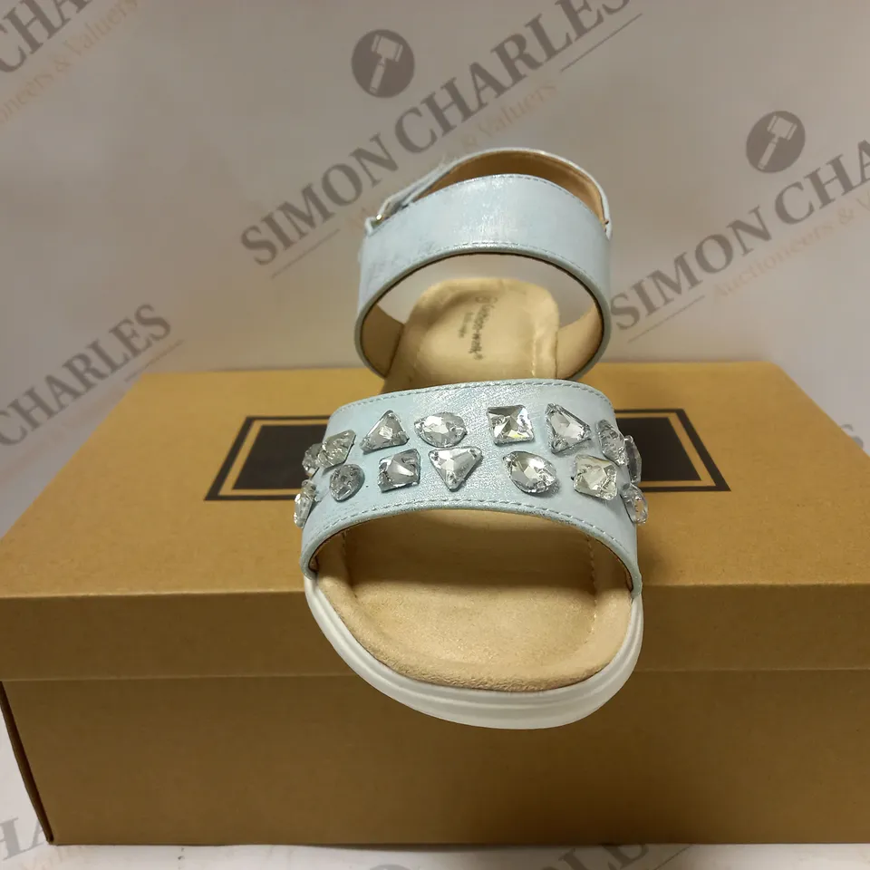 BOXED PAIR OF CUSHION WALK JEWELLED SANDALS, SILVER - SIZE 6