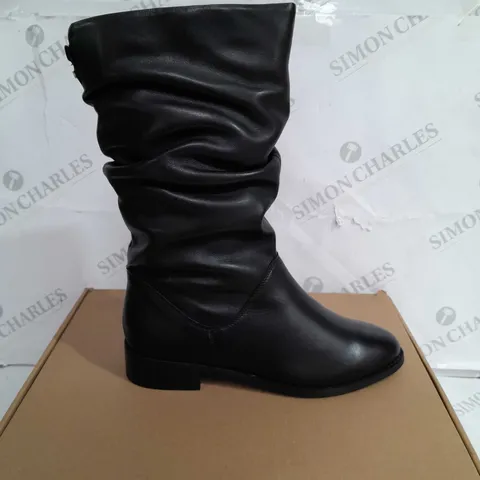 BOXED DUNE LEATHER RUCHED CALF BOOTS, BLACK - SIZE 5