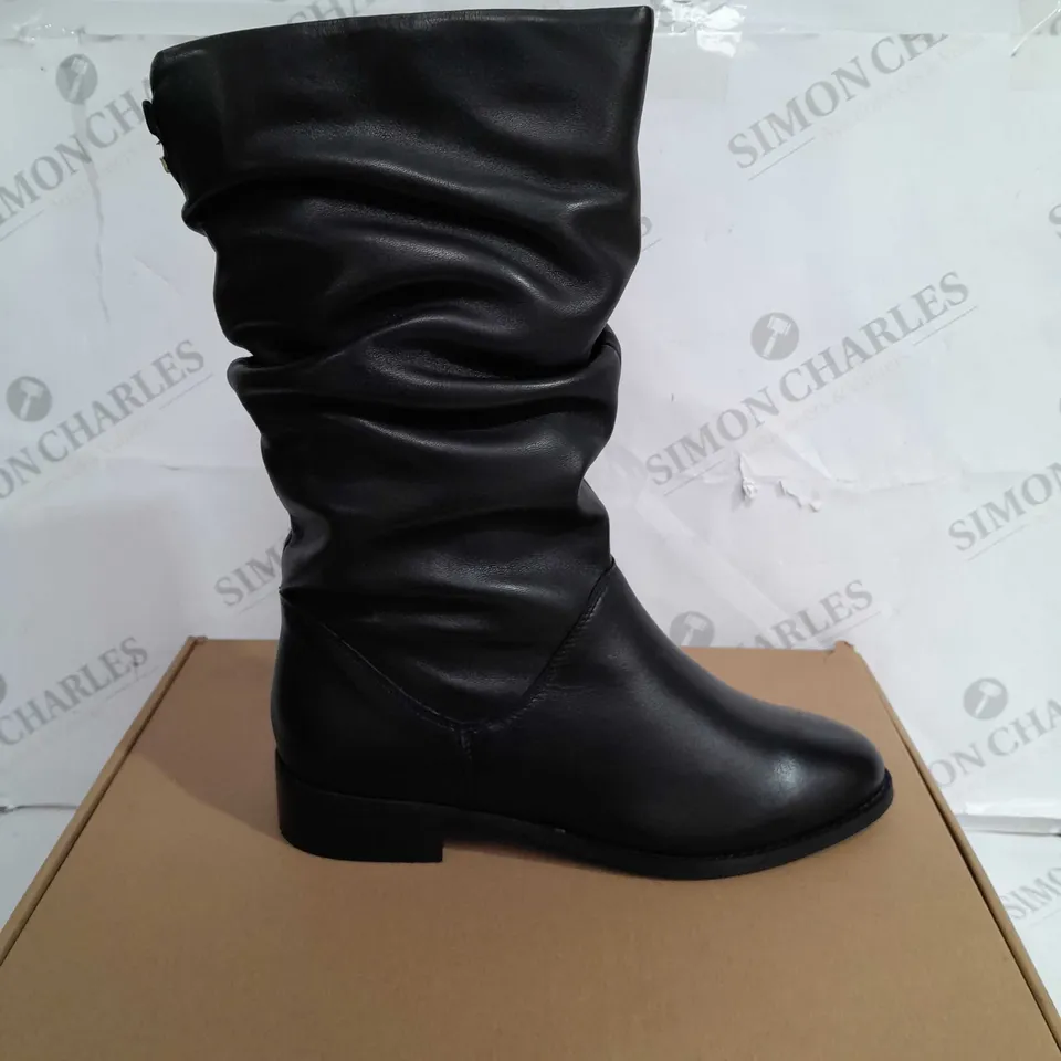 BOXED DUNE LEATHER RUCHED CALF BOOTS, BLACK - SIZE 5 