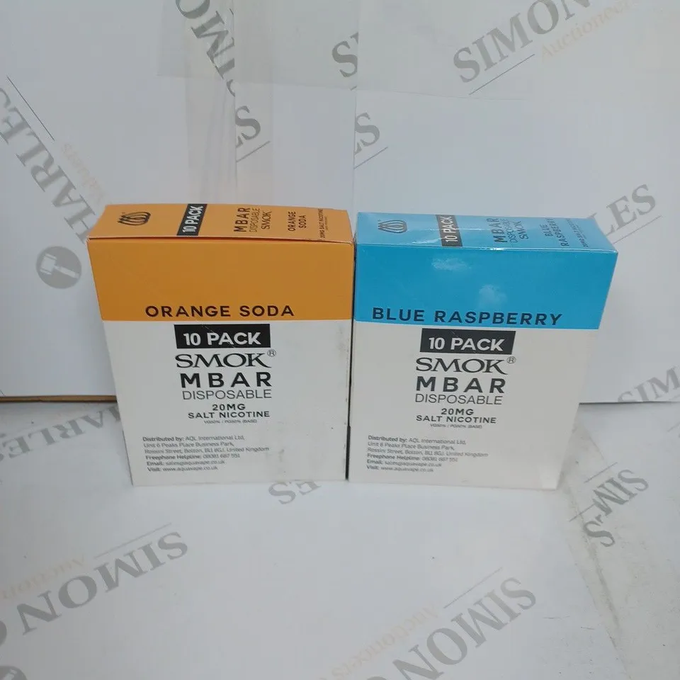 BOX OF APPROXIMATELY 10 BOXES OF ORANGE SODA , BLUE RASPBERRY 10 PACK SMOK M BAR DISPOSABLE 20MG SALT NICOTINE