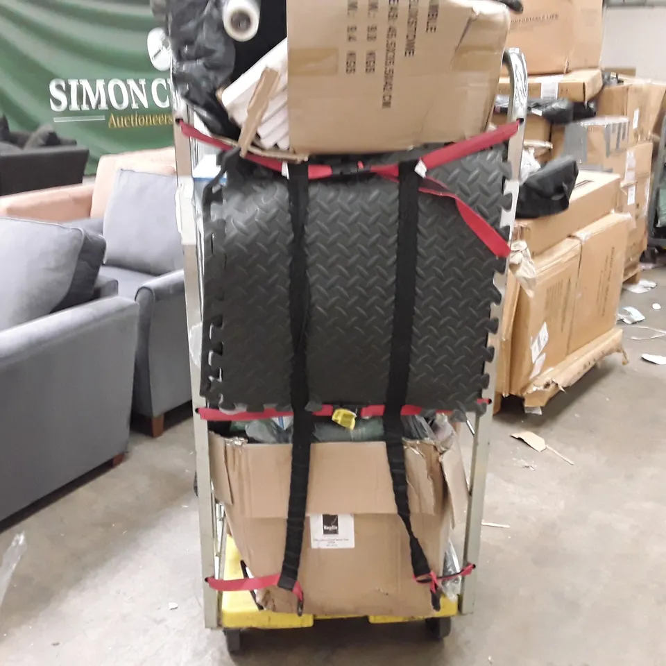 CAGE TO CONTAIN AN ASSORTMENT OF HOUSEHOLD ITEMS TO INCLUDE MAGNETIC WHITEBOARD PLANNER, TRASH CANS AND PARASOL BASES