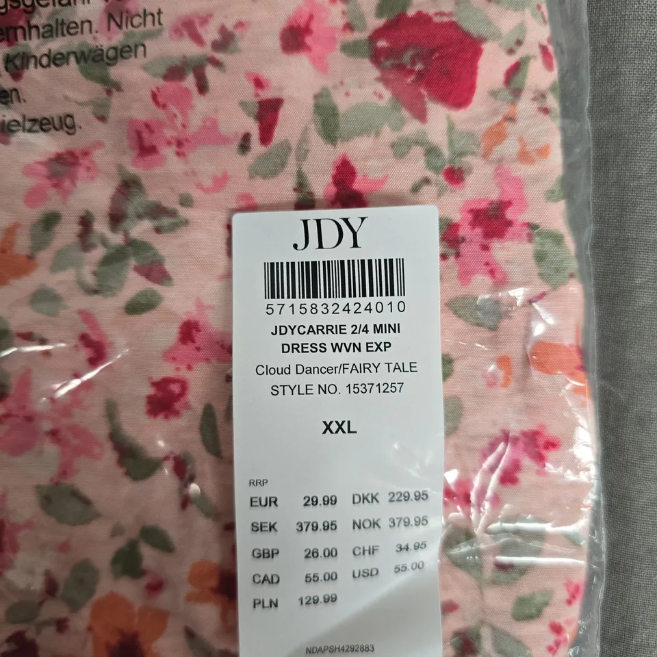 BAGGED JDY CARRIE 2/4 MINI DRESS – FLORAL PINK, UK SIZE 20-22 (XXL)