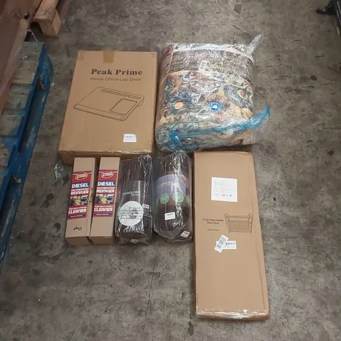 PALLET OF ASSORTED ITEMS INCLUDING: RUG, SHOE RACK, DIESEL INJECTION & SYSTEM CLEANERS, CAT LITTER MATS, OFFICE LAP DESK ECT