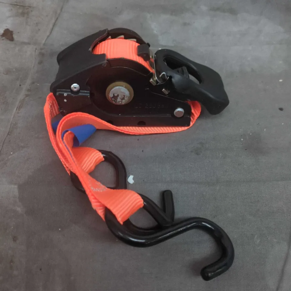 Ratchet strap with orange webbing and J-hook end