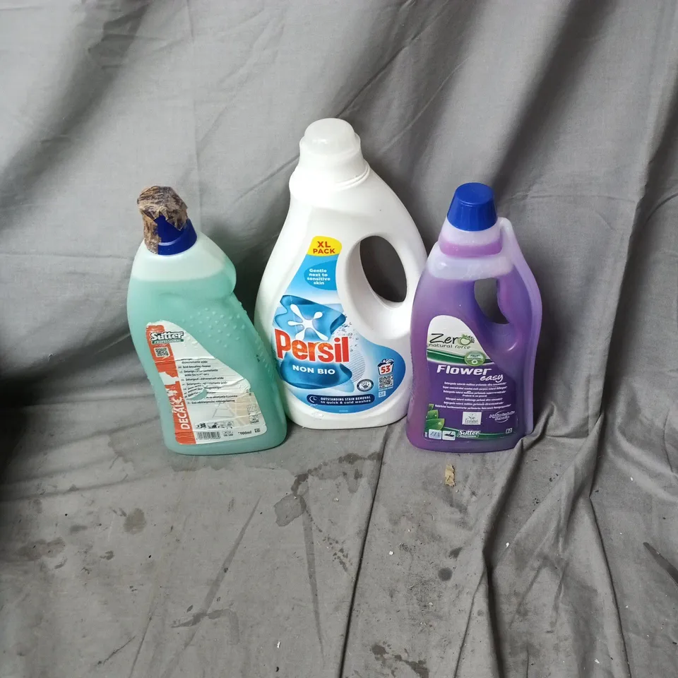 APPROXIMATLEY 10 ASSORTED HOUSEHOLD ITEMS INCLUDING PERSIL NON BIO, ZERO NATURAL CARE FLOWER EASY 750ML AND SUTTER DECALC