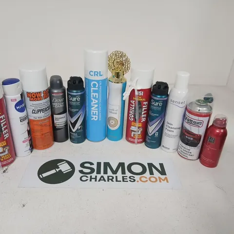 APPROXIMATELY 15 ASSORTED AEROSOL SPRAYS TO INCLUDE; ASSORTED HEALTH & BEAUTY AEROSOLS, SPRAYS AND CLEANSING FOAMS INCLUDING NIVEA, SURE, DOVE MEN+CARE, CRL CLEANSER
