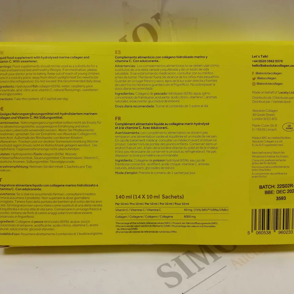 MAXINE LACEBY ABSOLUTE COLLAGEN RASPBERRY FLAVOUR MARINE COLLAGEN ORAL SUPPLEMENT 140ML	