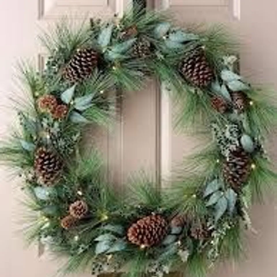 BOXED PRE LIT CHRISTMAS WREATH WITH GREEN BERRIES AND PINECONES - 90 CM