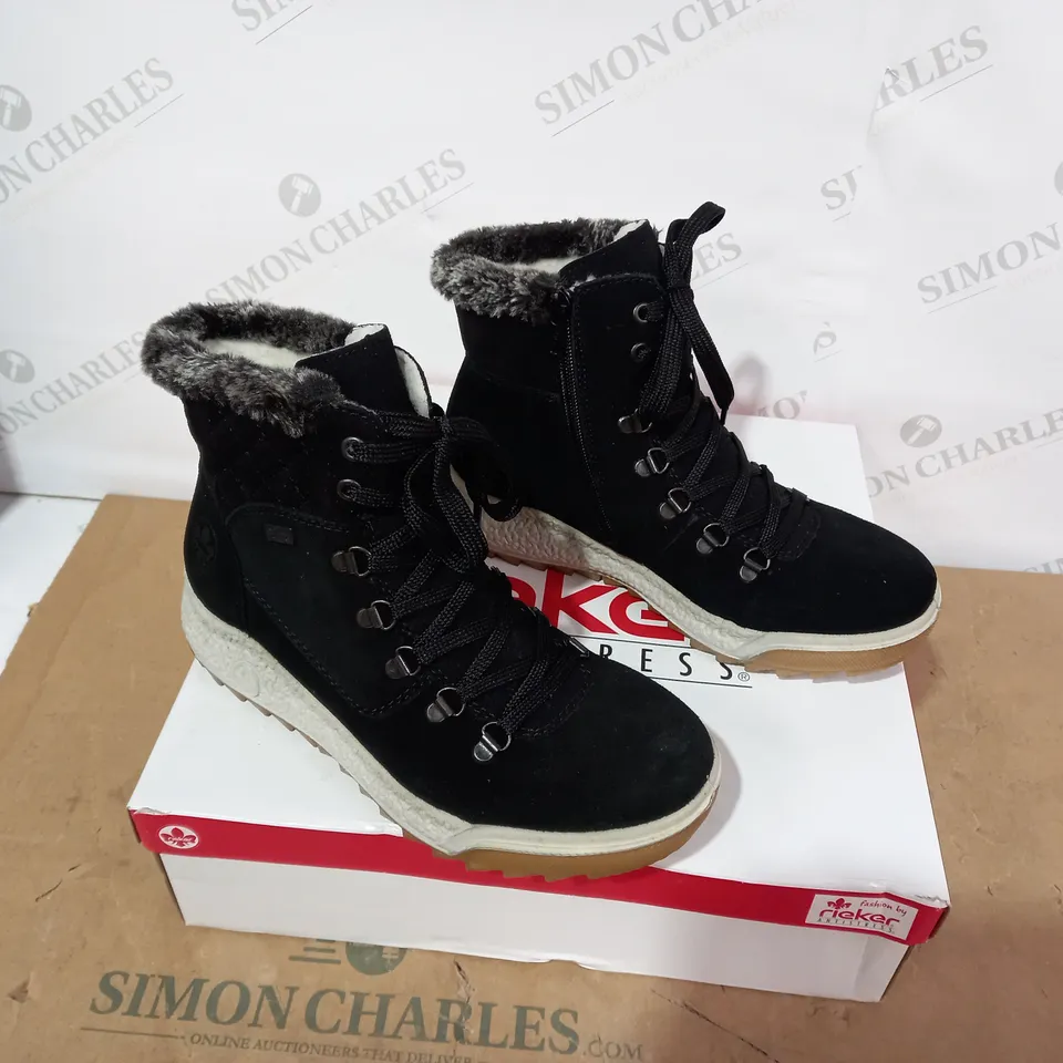 BOXED PAIR OF RIEKER BLACK BOOTS - SIZE 38