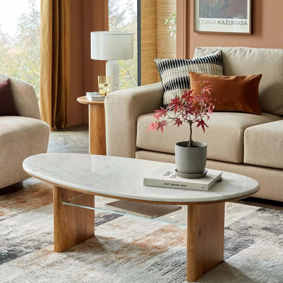 BOXED DANETTI CARA LIGHT MANGO WOOD MARBLE TOP COFFEE TABLE (2 BOXES)