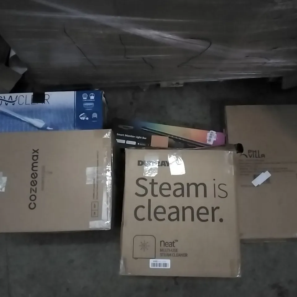 PALLET OF ASSORTED ITEMS INCLUDING DUPRAY MULTIUSER STEAM CLEANER, PHI VILLA FOLDABLE METAL SIDE TABLE, COZEEMAX, FLOWCLEAR, SMART MONITER LIGHT BAR, WILD BIRD FEEDING STATION