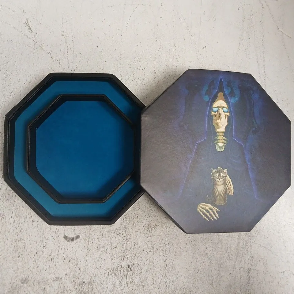 OCTAGONAL DICE TRAY WITH SKULL ARTWORK – BOXED