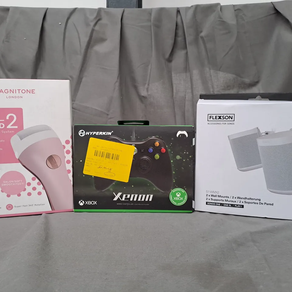 BOX OF APPROXIMATELY 20 ASSORTED ELECTRICAL ITEMS TO INCLUDE PEDICURE SYSTEM, XBOX WIRED CONTROLLER, WALL MOUNTS FOR SPEAKER, ETC - COLLECTION ONLY