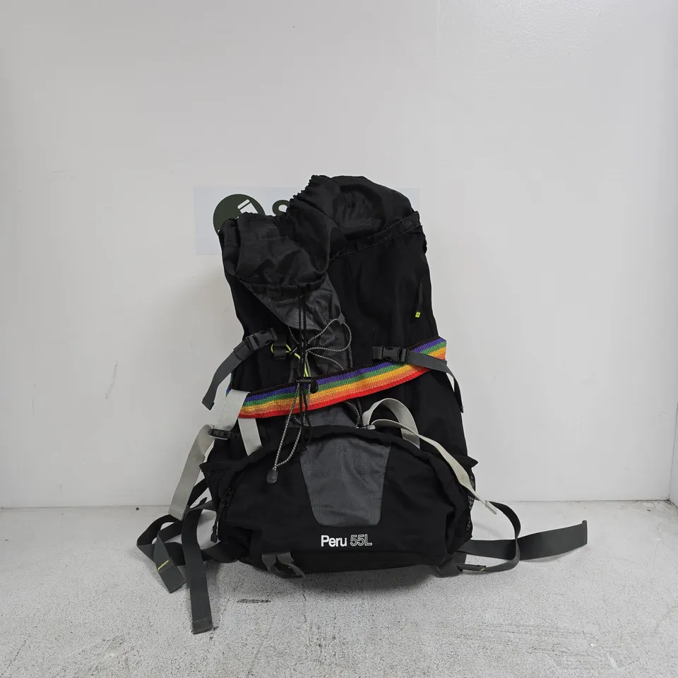 BACKPACK / HIKING PACK 55L – BLACK WITH RAINBOW STRAPS (PERU 55L) 