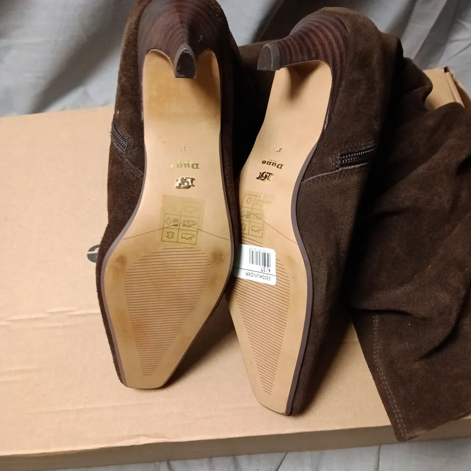 DUNE SAUNDER BROWN SUEDE SLOUCHY KITTEN HEEL BOOTS – UK 4 (EU 37)