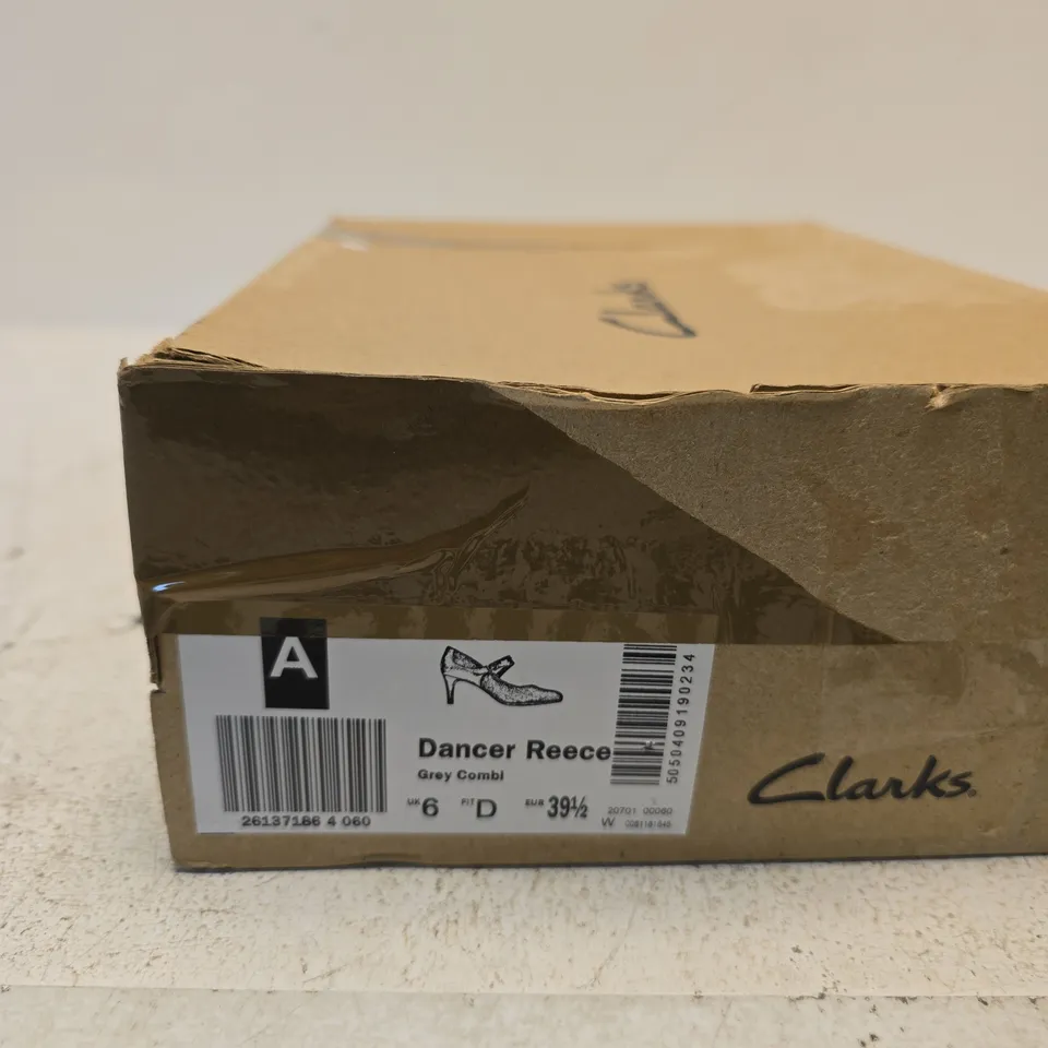 CLARKS DANCER REECE GREY SUEDE MARY JANE HEELS – UK 6