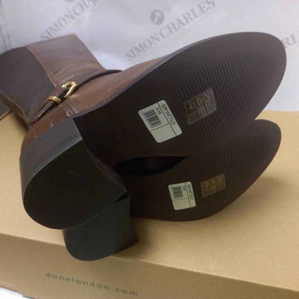 BOXED DUNE BROWN LEATHER HIGH LEG BOOTS - SIZE 3