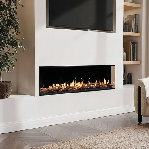 BOXED PREMIUM BLACK 3-SIDED INSET ELECTRIC MEDIA WALL FIRE PLACE WITH LCD FLAME - 60 INCH - AMBERGLO