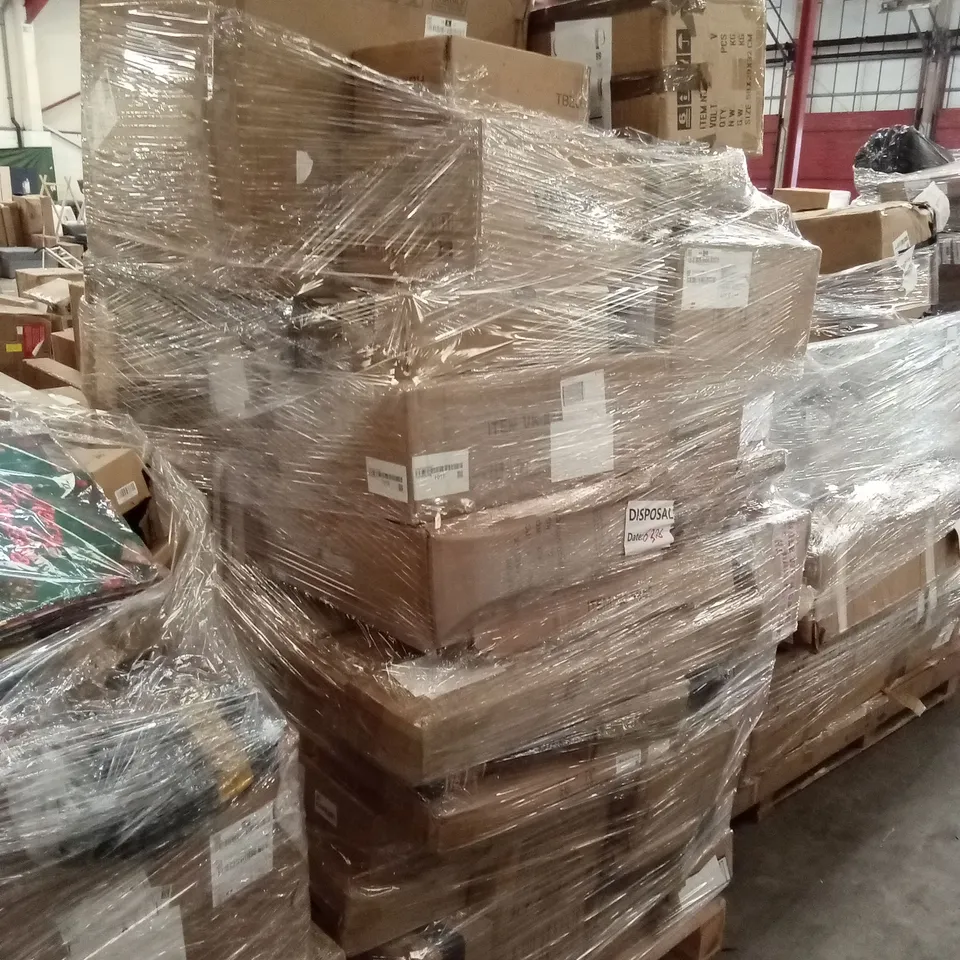PALLET OF ASSORTED HOUSEHOLD GOODS AND PRODUCTS TO INCLUDE; BAR STOOL. FLATPACK FURNITURE, BRAKE PADS ETC