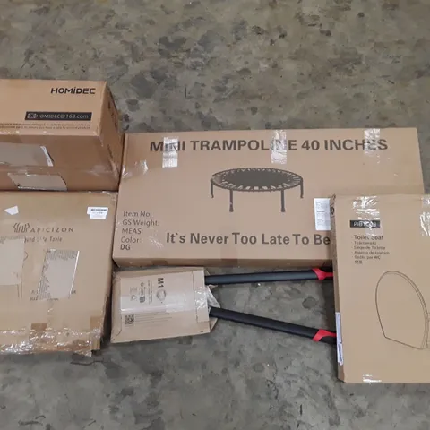 PALLET OF ASSORTED PRODUCTS INCLUDING TOILET SEAT, MINI TRAMPOLINE 40", CAT TREE, SIDE TABLE, GARDEN PRUNERS