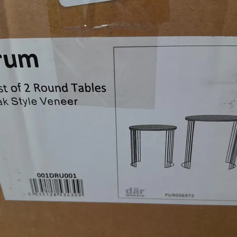 BOXED DRUM NEST OF 2 ROUND TABLES IN OAK STYLE VENEER
