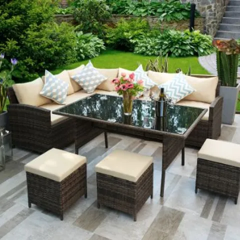 BRAND NEW BOXED ALISON AT HOME PETWORTH BROWN RATTAN DINING SET(THREE BOXES)