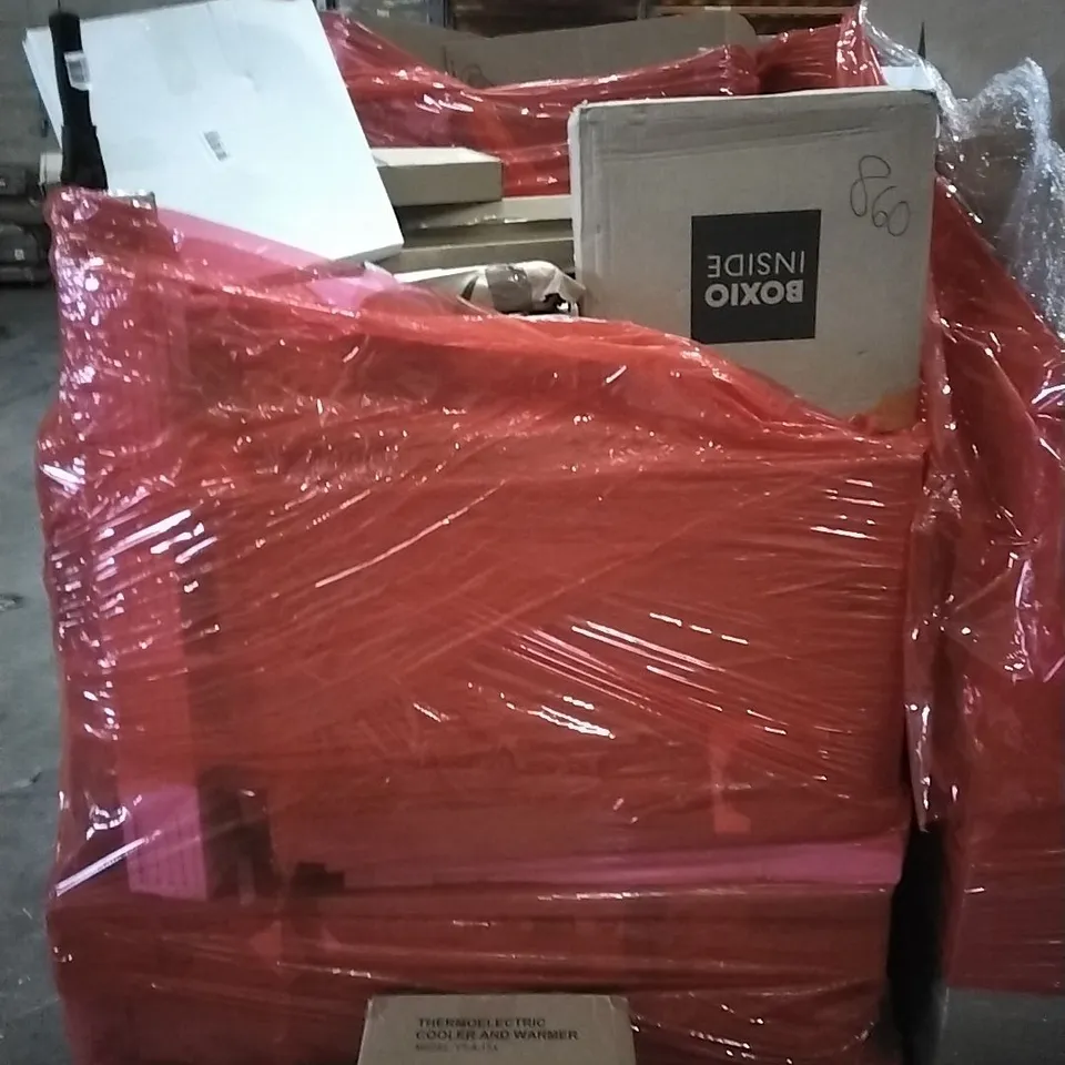 PALLET OF HOUSEHOLD ITEMS TO INCLUDE STAINLESS STEEL PEDAL TRASH BIN,TYPHOON DUAL MOTOR FORCE DRYER,KNITTING MACHINE AND OTHER ASSORTED ITEMS...