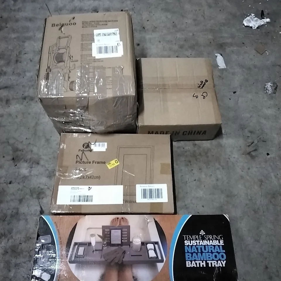 PALLET OF HOUSEHOLD ITEMS TO INCLUDE BAMBOO BATH TRAY, PICTURE FRAME, CEILING LIGHT,  HIGH PRESSURE WASHER AND OTHER ASSORTED ITEMS...