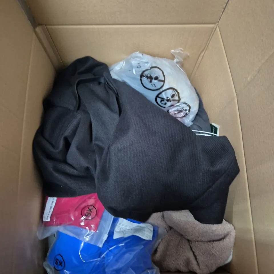 BOX OF APPROXIMATELY 20 ASSORTED CLOTHING ITEMS TO INCLUDE NIGHTDRESS, TOPS, TROUSERS, ETC