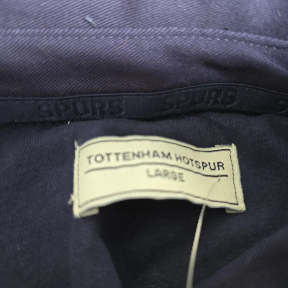 TOTTENHAM HOTSPUR POLO SHIRT – NAVY WITH CREAM & TEAL STRIPE, LARGE