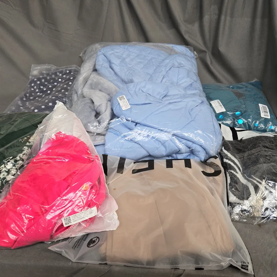 BOX OF ASSORTED CLOTHING ITEMS IN VARIOUS COLOURS, STYLE AND SIZES 