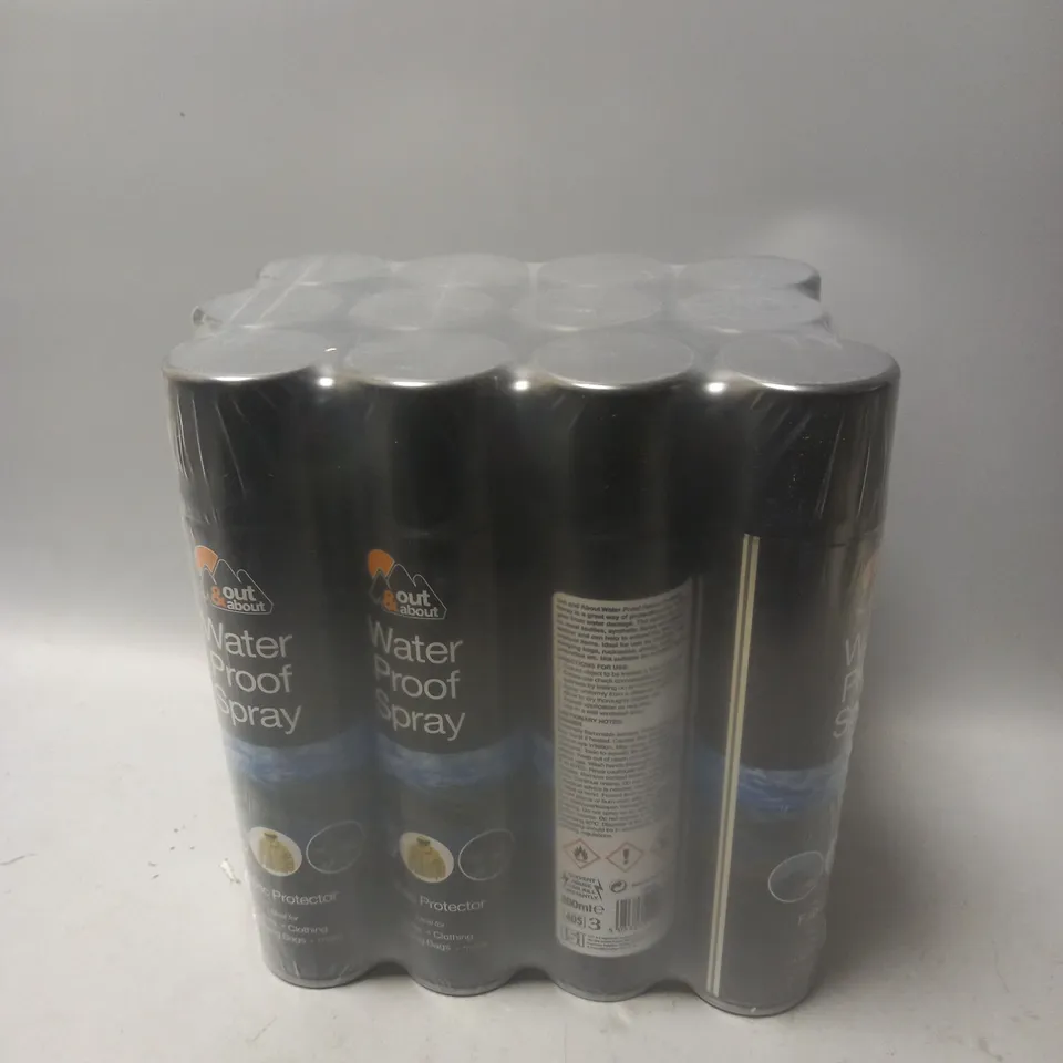PACK OF 12 OUT AND ABOUT WATER PROOF SPRAY - FABRIC PROTECTOR - COLLECTION ONLY