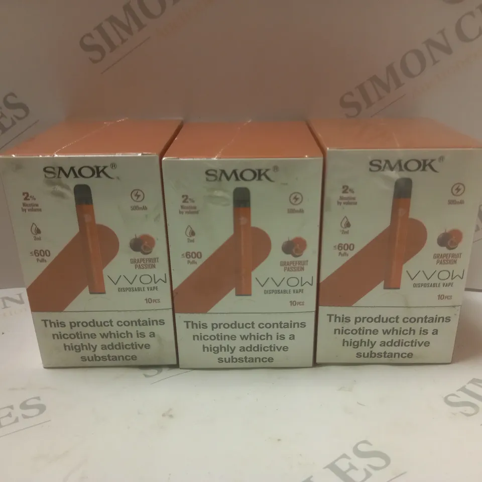 3 BOXED & SEALED (10 DISPOSABLES PER BOX) SMOK DISPOSABLE VAPES - GRAPEFRUIT PASSION 