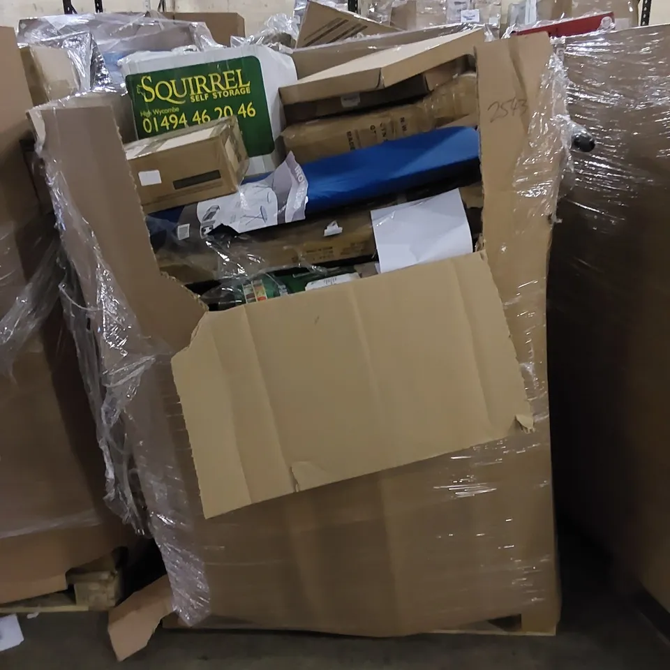 PALLET TO CONTAIN ASSORTED HOUSEHOLD ITEMS AND CONSUMER PRODUCTS. INCLUDING TOILET SEATS, KITCHEN ORGANIZER, IRONING BOARD, PRESSURE SPRAYER, BOXED FURNITURE ETC