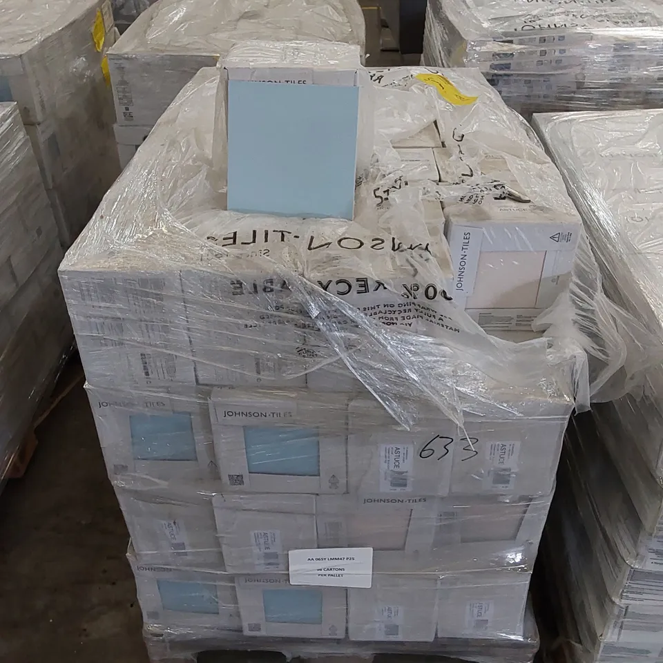 PALLET TO CONTAIN APPROX 96 X PACKS OF JOHNSON TILES ASTUCE MAISON MAT BLUE AZUR TILES - 25 TILES PER PACK // TILE SIZE: 197 X 197 X 6.5mm