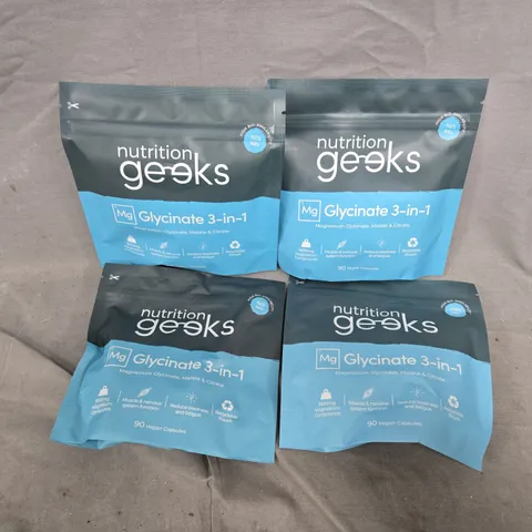 4 PACKS OF NUTRITION GEEKS MG GLYCINATE 3-IN-1 (90 VEGAN CAPSULES PER PACK)