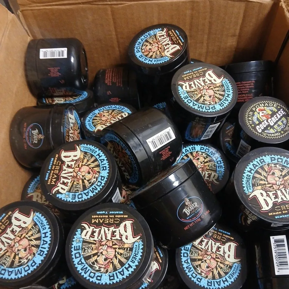 BOX OF APPROXIMATLEY 40 X ASSORTED HAIR CARE PRODUCTS: BEAVER CREAM HAIR POMADE 110G + COCK GREASE MEDIUM HOLD HAIR POMADE 50G