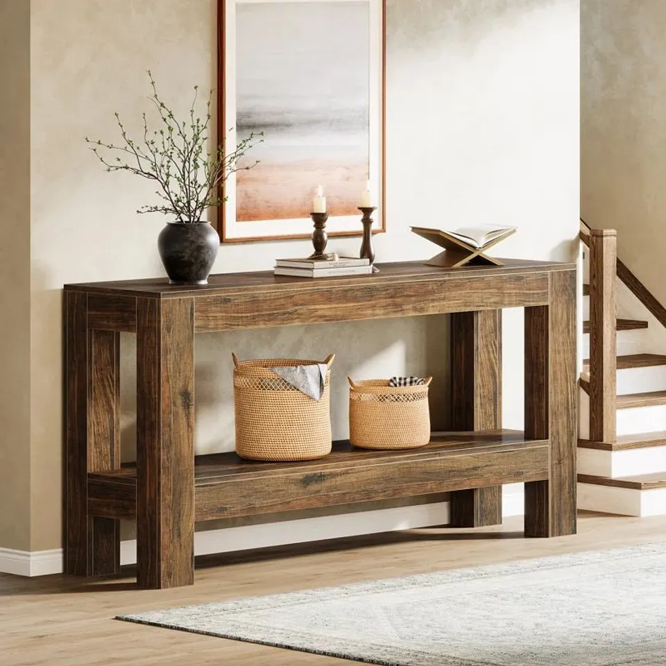 BOXED 62.99" LONG WOOD CONSOLE TABLE, FARMHOUSE 2-TIER ENTRYWAY TABLE (1 BOX)