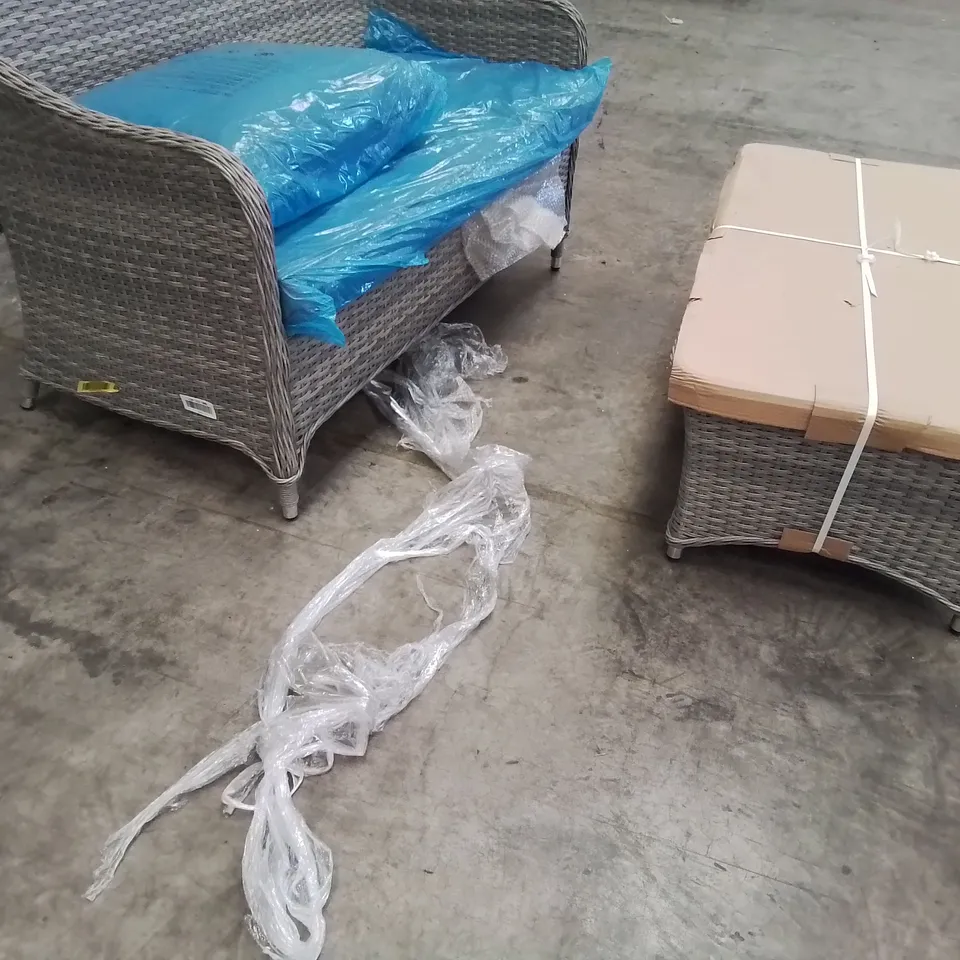 DESIGNER GREY RATTAN COFFEE SET OF TWO SEATER SOFA WITH CUSHIONS & GLASS TOP COFFEE TABLE 