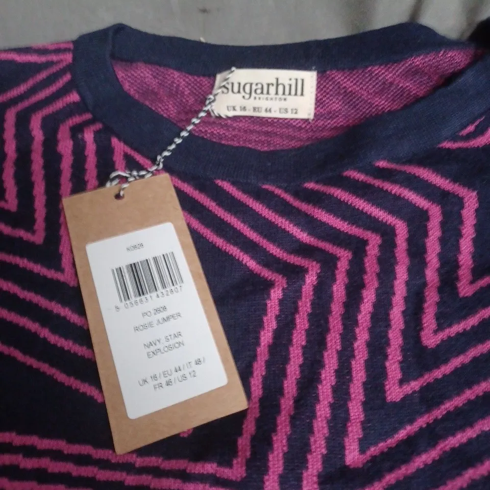 SUGARHILL NAVY & PINK ZIGZAG KNIT JUMPER – UK 16 (EU 44, US 12)