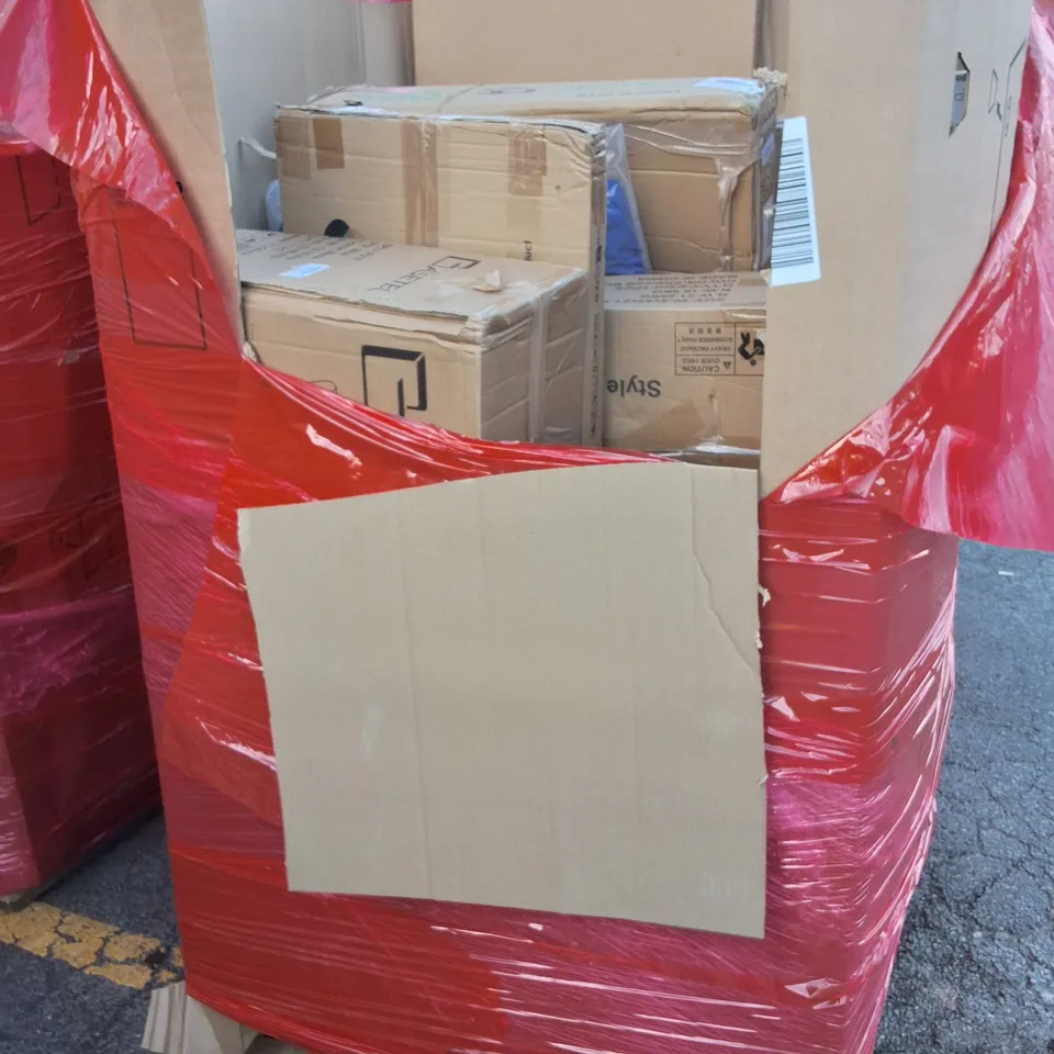 PALLET OF ASSORTED HOUSEHOLD ITEMS TO INCLUDE CEILING FAN LIGHT,BABY HIGH CHAIR AND BEJOY PLAY PEN