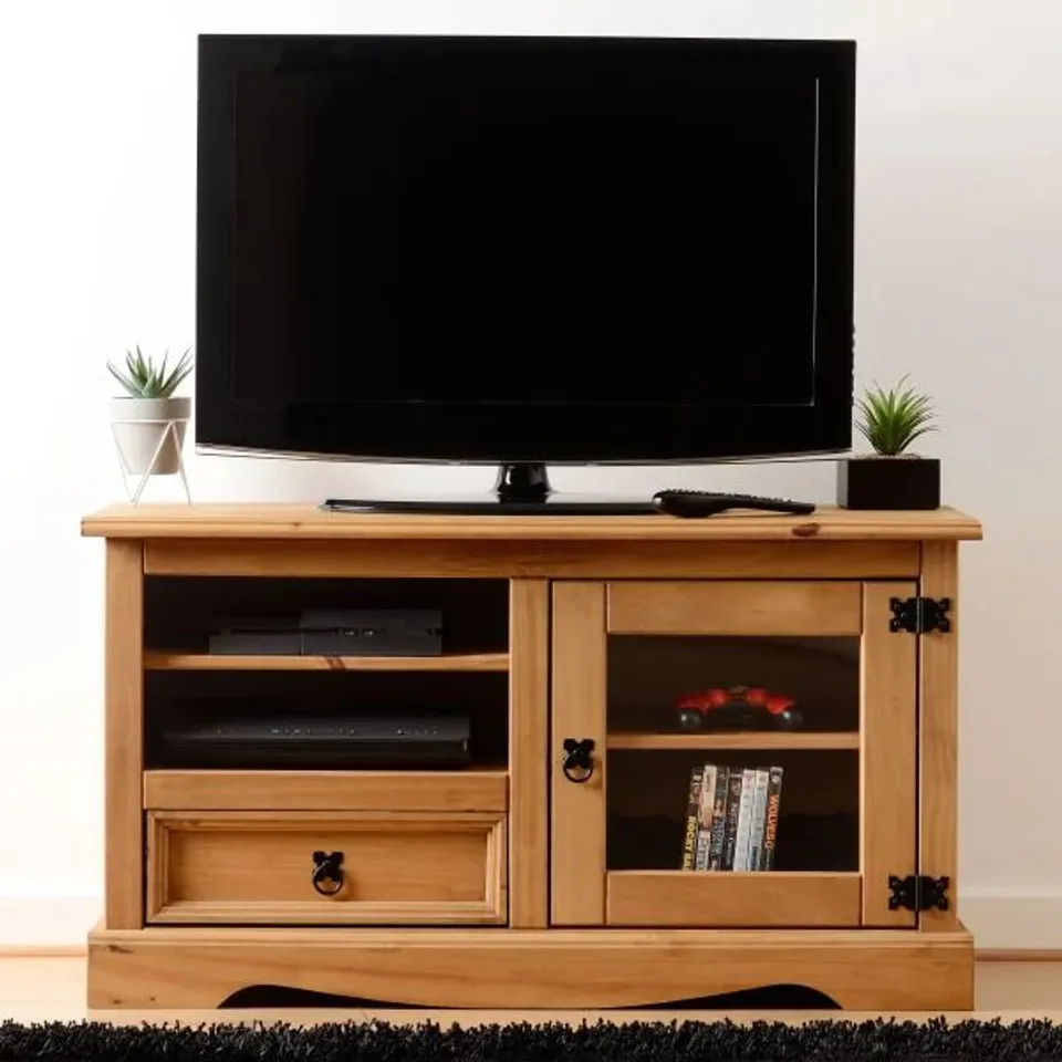 BOXED CORONA ENTERTAINMENT UNIT – DISTRESSED WAXED PINE/GLASS