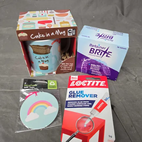 APPROXIMATELY 15 ASSORTED HOUSEHOLD ITEMS TO INCLUDE CAKE IN A MUG, GLUE REMOVER, CLEANING TABLETS ETC 