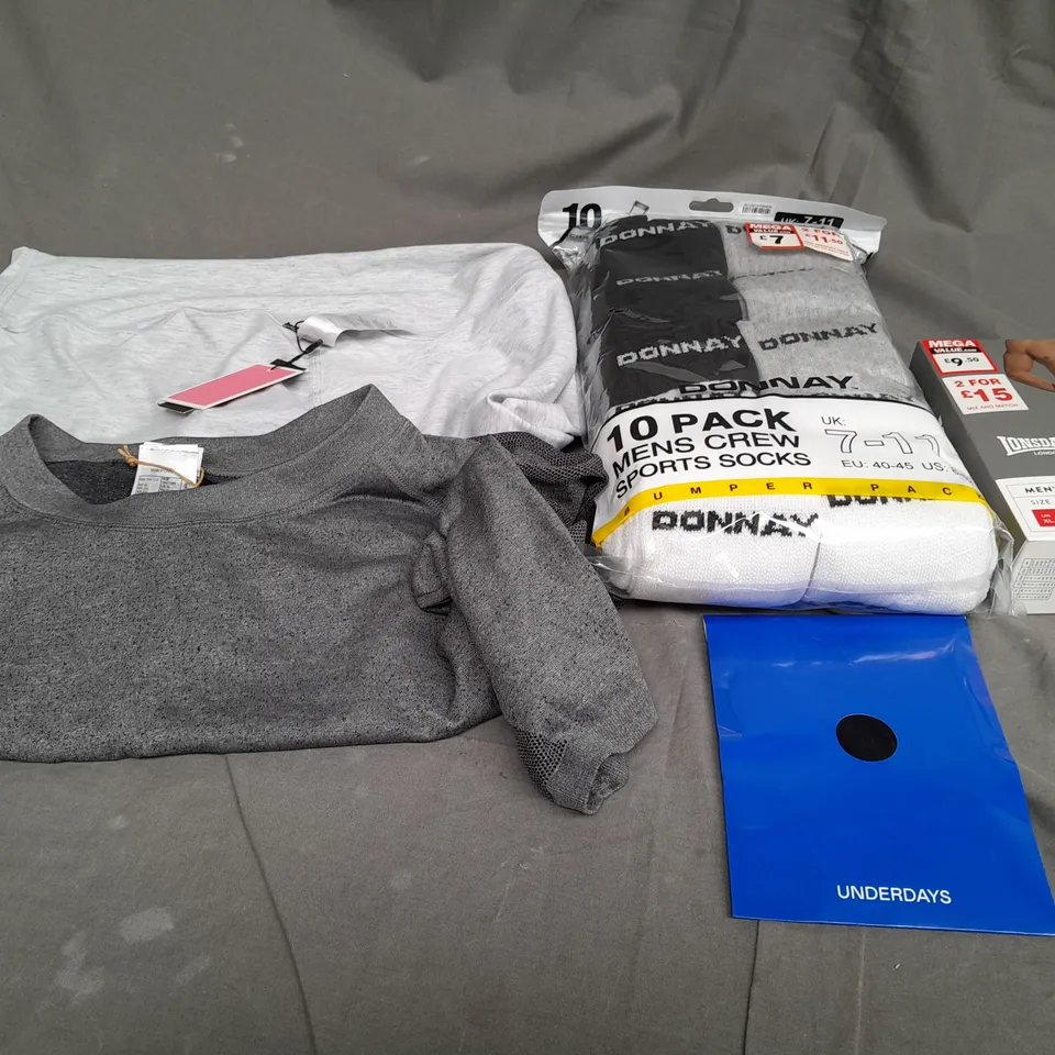 BOX OF APPROXIMATELY 25 ASSORTED CLOTHING ITEMS TO INCLUDE -  SOCKS , BOXERS , SHORTS ETC