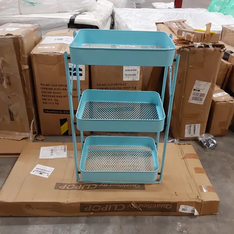 BOXED FOLDING BLUE METAL 3 TIER SHELVING UNIT ON WHEELS (1 BOX)