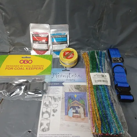 BOX OF APPROXIMATELY 15 ASSORTED HOUSEHOLD ITEMS TO INCLUDE DOG COLLAR, SHOE POLISH AND CRAFT SUPPLIES