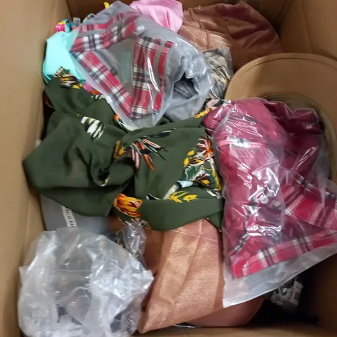  BOX OF ASSORTED CLOTHING ITEMS TOO INCLUDE DRESSES , SHIRTS AND TROUSERS IN VARIOUS SIZES AND COLOURS   