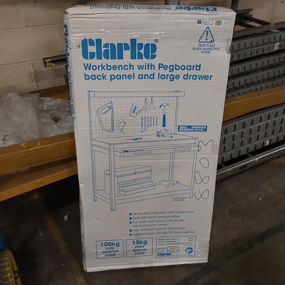 BOXED CLARKE WORKBENCH WITH PEG BOARD 